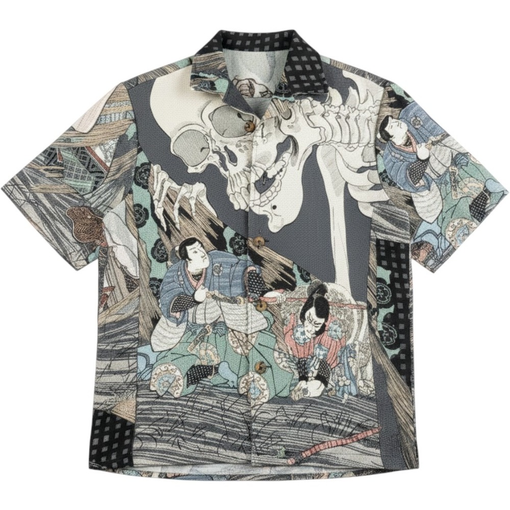 Rebel Vengeance Tapestry Shacket sz L Multi Skull Japanese Art Samurai